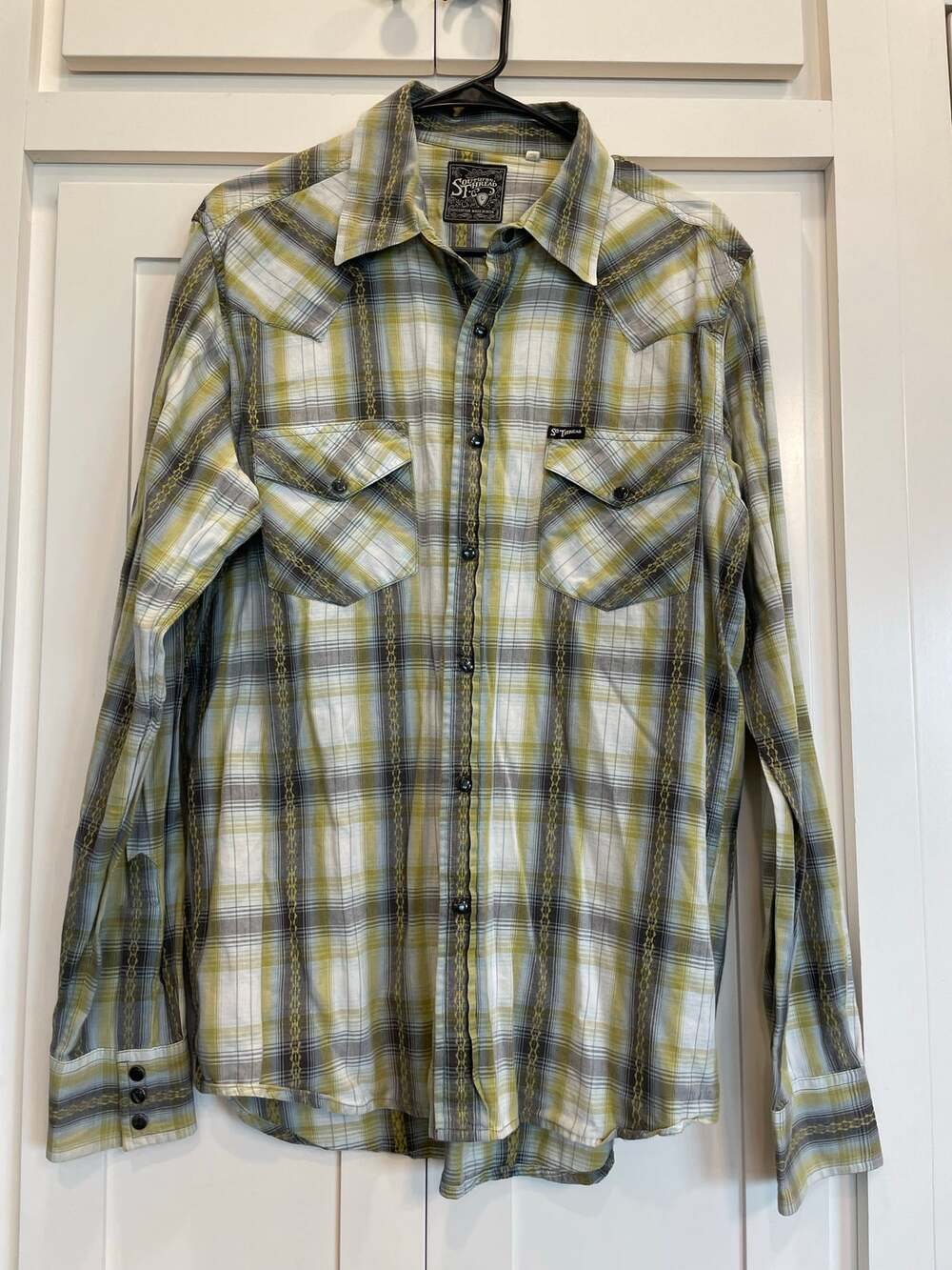 Southern Thread white/green/black plaid pearl snap western shirt L 100% Cotton